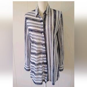 Chicos Travelers Size 1 Button Front Shirt Sheer Knit Blue White Stripe Stretch